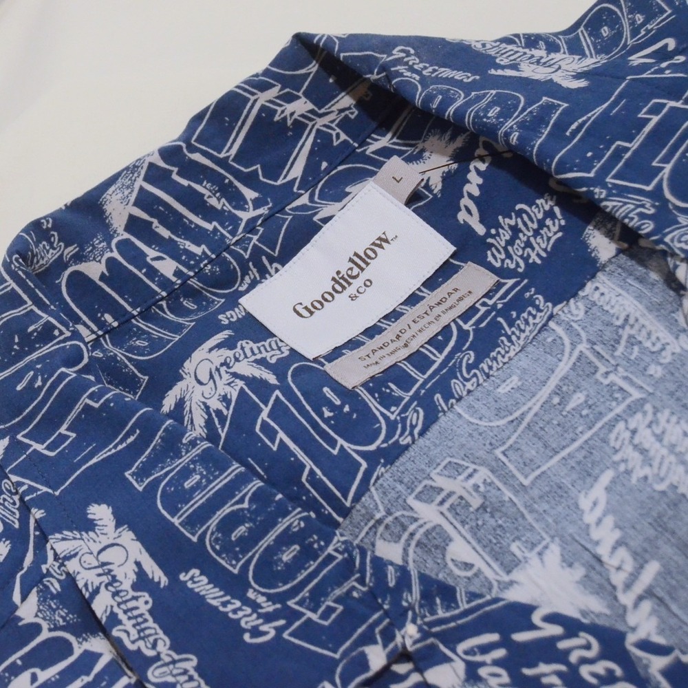 NWT Goodfellow & Co Size L Short Sleeve Button-up Shirt Blue & White Slogans
